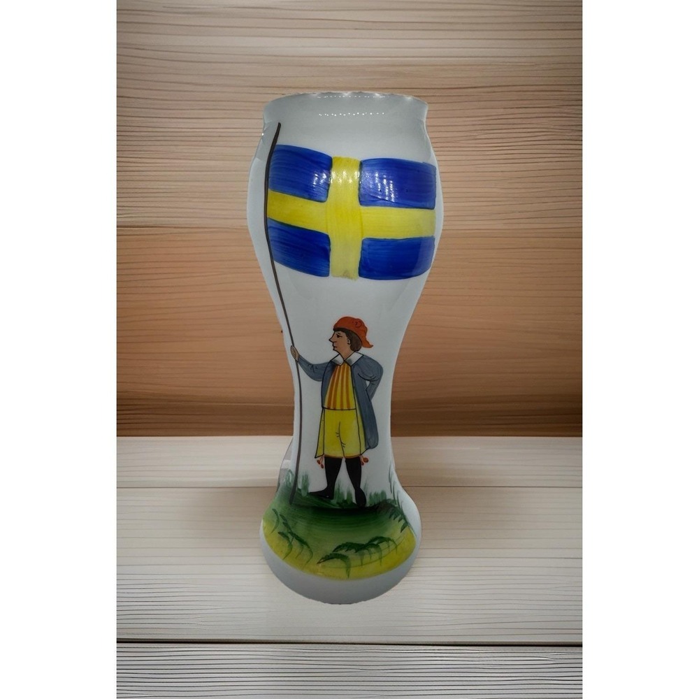 Johansfors Sweden Västergötland Vase Hand Painted Folk Art Glass 8 3/8" Vintage
